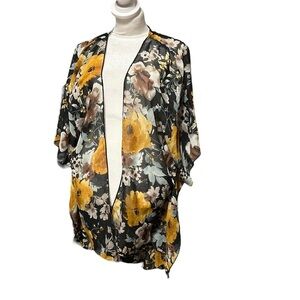 Emory Park Women Yellow & Black Floral Print Kimono Wrap Beach Cover Up Size L